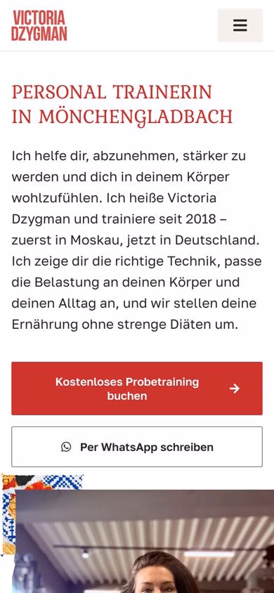 Startbereich von victoriadzygman.de auf dem Smartphone, deutsche Version